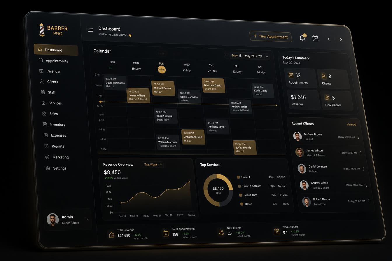 Dashboard do Beeza Cut mostrando agenda, financeiro e clientes